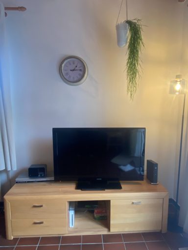 Holzmöbel mit Fernseher, Uhr, Standlampe und einer hängenden Pflanze.