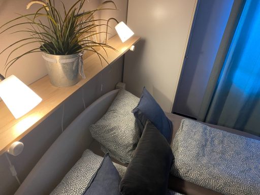 Gemütliches Bett mit Kissen, Pflanzen und sanftem Licht von zwei Lampen.